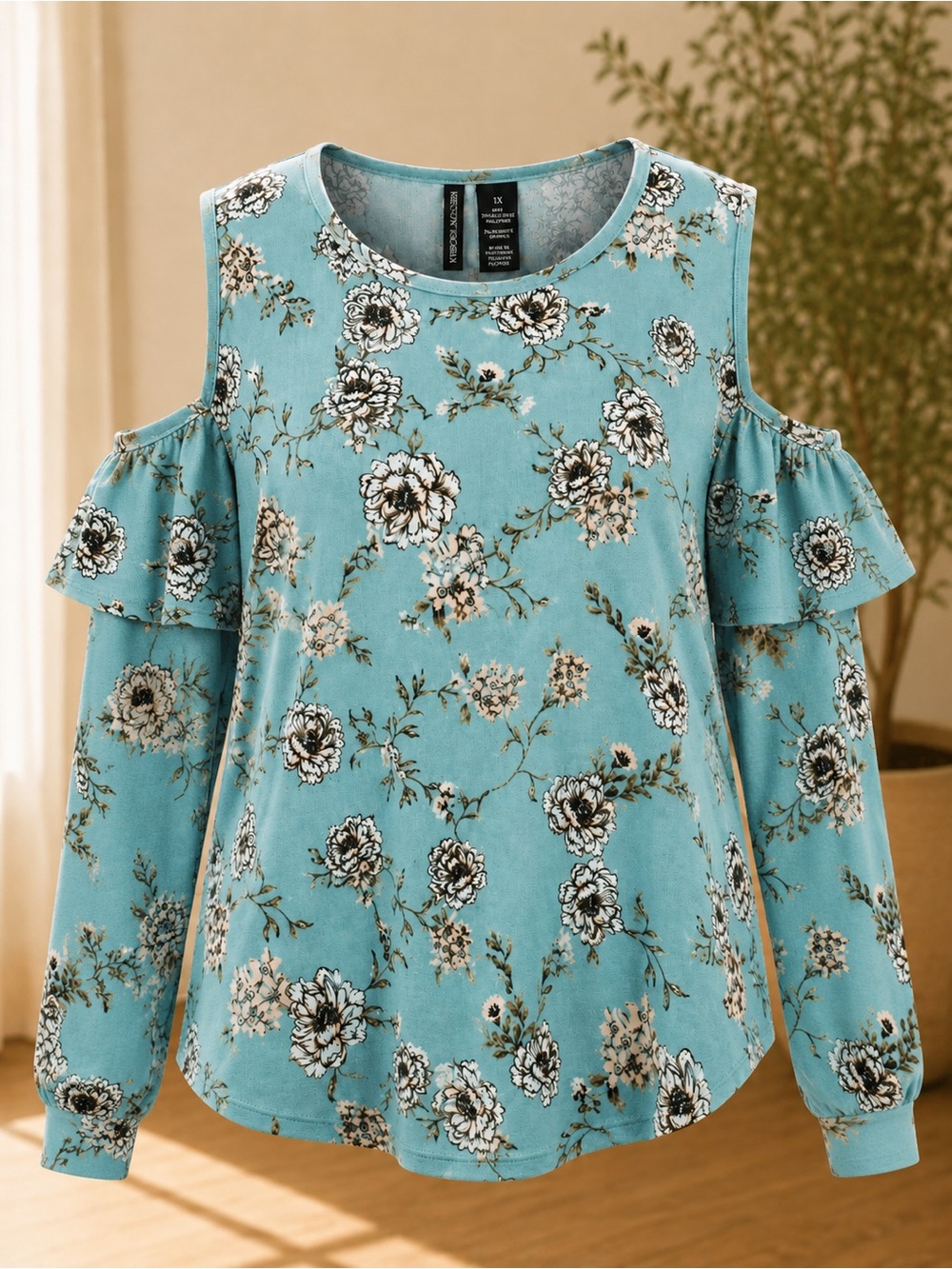 Floral Cold-Shoulder Blouse in Teal